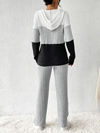 Livizmir Moda Kadın Uzun Kollu Kapşonlu Bağcıklı Blok Renkli şardonlu Kaşkorse Bluz Ve Pantolon Ikili Takım