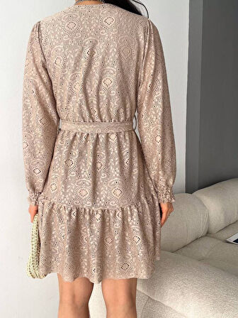 Livizmir Moda Kadın Fırsat ürünü Kruvaze Yaka Güpürlü Mini Elbise