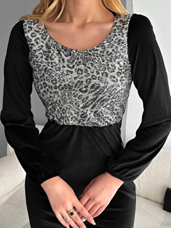 Livizmir Moda Kadın Fırsat ürünü Leopar Desen Pul Payet Işlemeli Midi Boy Kadife Kumaş Elbise