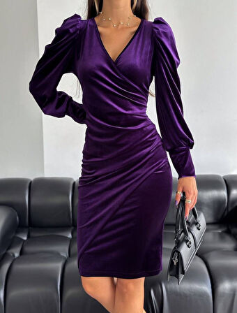 Livizmir Moda Kadın Balon Kol Kruvaze Yakamidi Boy Fırsat ürün Elbise