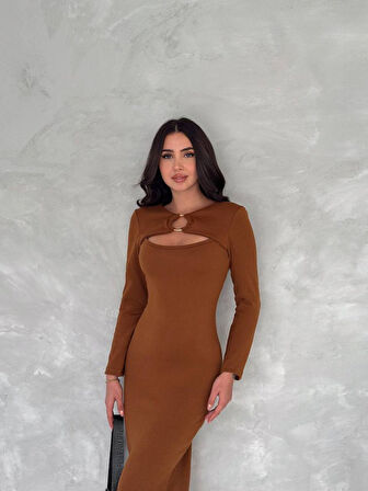 Livizmir Moda Kadın Uzun Kollu Halka Ve Pencere Dekolte Detay Fırsat ürün Midi Boy Elbise
