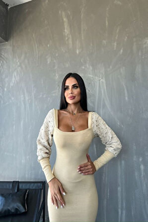 Livizmir Moda Kadın Kare Yaka Kolları Manşet Ve Tül Detay Fırsat ürün Midi Boy Elbise