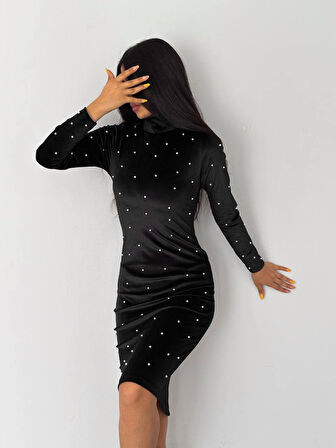 Livizmir Moda Kadın Balıkçı Yaka Inci Detay Fırsat ürün Kadife Kumaş Mini Elbise