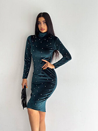 Livizmir Moda Kadın Balıkçı Yaka Inci Detay Fırsat ürün Kadife Kumaş Mini Elbise