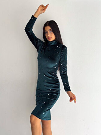 Livizmir Moda Kadın Balıkçı Yaka Inci Detay Fırsat ürün Kadife Kumaş Mini Elbise