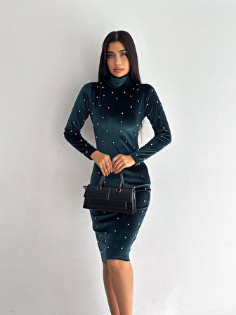 Livizmir Moda Kadın Balıkçı Yaka Inci Detay Fırsat ürün Kadife Kumaş Mini Elbise