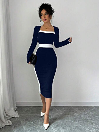 Livizmir Moda Kadın Uzun Kollu Yakası Açık Midi Ithal Krep Elbise