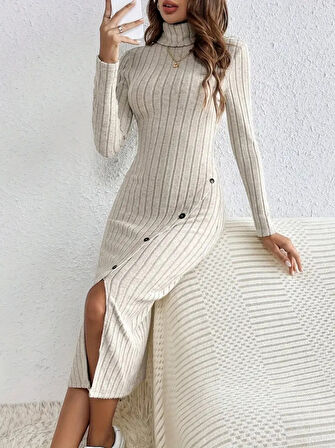 Livizmir Moda Kadın Uzun Kollu Balıkçı Yaka Yırtmaçlı Düğmeli şardonlu Kaşkorse Elbise