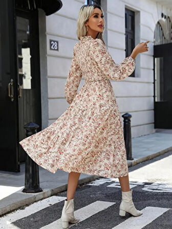 Livizmir Moda Kadın Uzun Kollu Fırfır Yakalı çiçek Desenli Midi Süprem Elbise