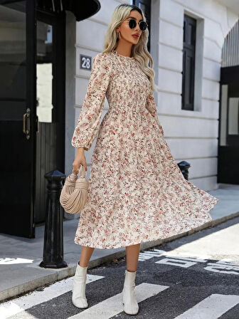 Livizmir Moda Kadın Uzun Kollu Fırfır Yakalı çiçek Desenli Midi Süprem Elbise
