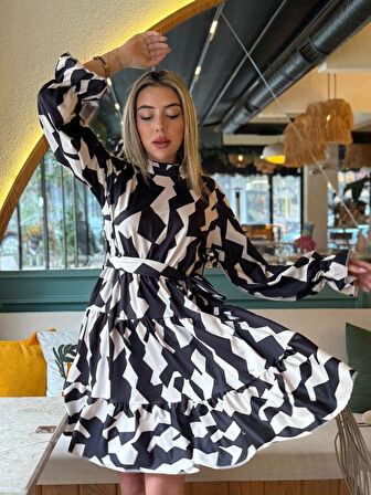 Livizmir Moda Kadın Uzun Kollu Yarı Balıkçı Yaka Geometrik Desen Kısa şardonlu Dalgıç Elbise