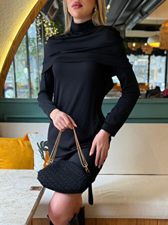 Livizmir Moda Kadın Uzun Kollu Balıkçı Yaka Omuz Katlamalı Dalgıç Kısa Elbise