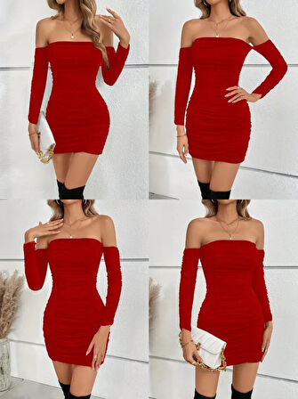 Livizmir Moda Kadın Uzun Kollu Omuzlardan Açık Takma Kollu Büzgülü Sandy Kısa Elbise