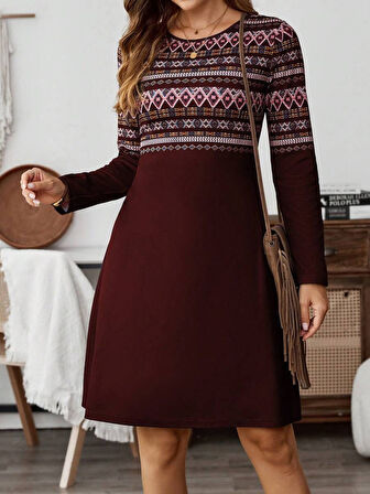 Livizmir Moda Kadın Uzun Kollu Bisiklet Yaka Etnik Desenli Kısa şardonlu Dalgıç Elbise