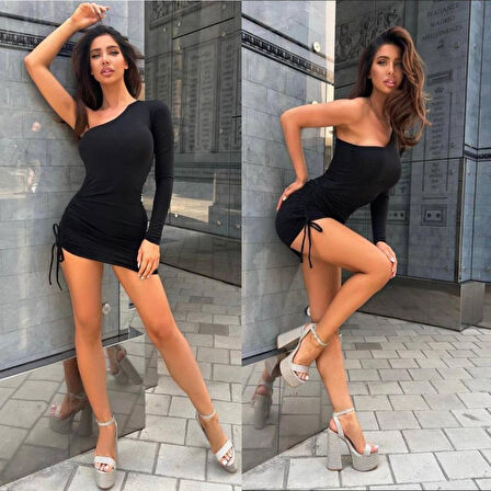 Livizmir Moda Kadın Omuz Dekolteli Asansör Büzgü Detay Fırsat ürün Mini Siyah Elbise