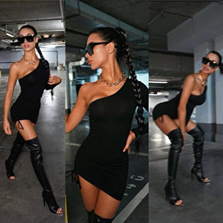 Livizmir Moda Kadın Omuz Dekolteli Asansör Büzgü Detay Fırsat ürün Mini Siyah Elbise