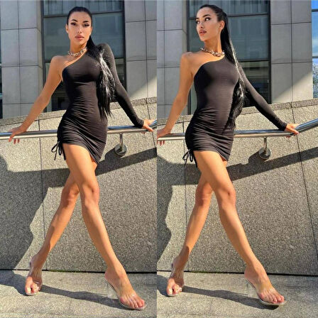 Livizmir Moda Kadın Omuz Dekolteli Asansör Büzgü Detay Fırsat ürün Mini Siyah Elbise