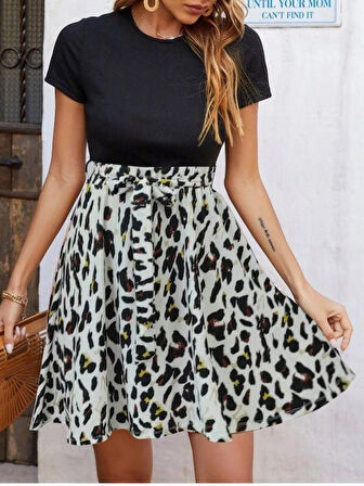 Livizmir Moda Kadın üst Kısa Kollu Viskon, Alt Leopar Desen Kuşaklı Krep Etek Takım
