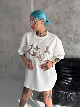 Livizmir Moda Unisex Nakış İşlemeli T-Shirt - Beyaz