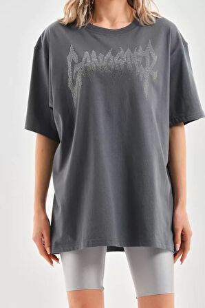 Livizmir Moda Unisex Taş Desenli Oversize T-Shirt - Füme