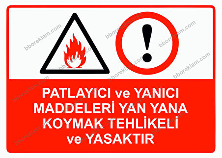 Patlayıcı ve Yanıcı Maddeleri Yan Yana Koymak Tehlikeli ve Yasaktır Uyarı Levhası