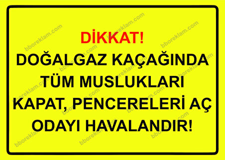 Dikkat! Doğalgaz Kaçağında Tüm Muslukları Kapat, Pencereleri Aç Odayı  Havalandır! Uyarı Levhası