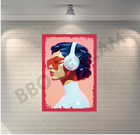 Müzik Dinleyen Kız Retro Ahşap Poster