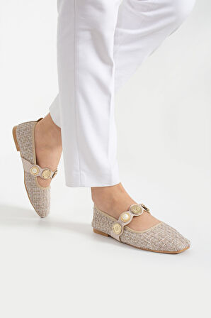 Tüvit İnci Detaylı Arkası Kapalı Alçak Topuklu Mary Jane Günlük Vizon Hasır Kadın Babet