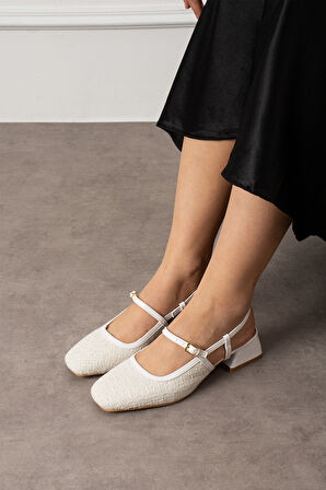 SENTY Beyaz Tüvit Küt Burun Kemer Detay Kısa Topuklu Kadın Günlük Babet Ayakkabı