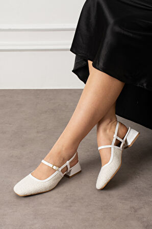 SENTY Beyaz Tüvit Küt Burun Kemer Detay Kısa Topuklu Kadın Günlük Babet Ayakkabı