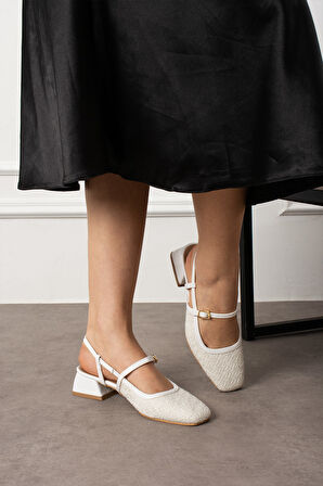 SENTY Beyaz Tüvit Küt Burun Kemer Detay Kısa Topuklu Kadın Günlük Babet Ayakkabı