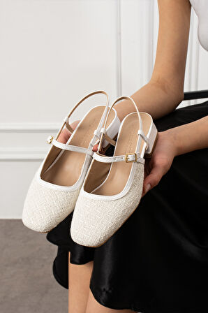 SENTY Beyaz Tüvit Küt Burun Kemer Detay Kısa Topuklu Kadın Günlük Babet Ayakkabı