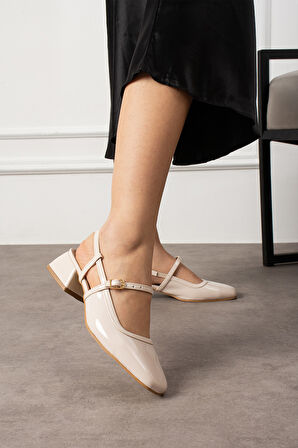 SENTY Bej Rugan Küt Burun Kemer Detay Kısa Topuklu Kadın Günlük Babet Ayakkabı