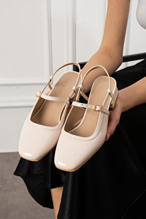 SENTY Bej Rugan Küt Burun Kemer Detay Kısa Topuklu Kadın Günlük Babet Ayakkabı