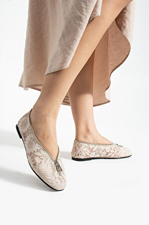 BONDY İşleme Detaylı Fermuarlı Bej Kadın Günlük Babet