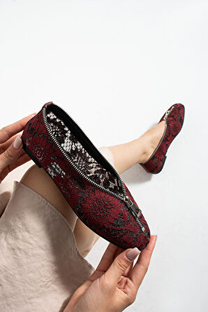 BONDY İşleme Detaylı Fermuarlı Bordo Kadın Günlük Babet