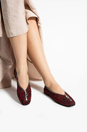 BONDY İşleme Detaylı Fermuarlı Bordo Kadın Günlük Babet