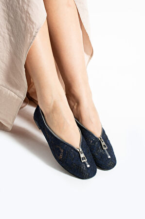 BONDY İşleme Detaylı Fermuarlı lacivert Kadın Günlük Babet