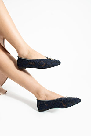 BONDY İşleme Detaylı Fermuarlı lacivert Kadın Günlük Babet