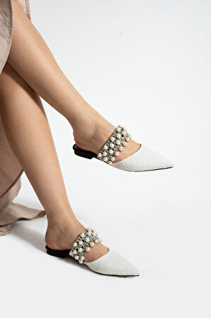 KUNNY Beyaz Kilim Inci Detay Kadın Topuklu Terlik