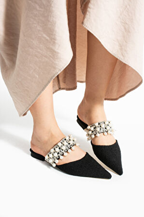 KUNNY Siyah Kilim Inci Detay Kadın Topuklu Terlik