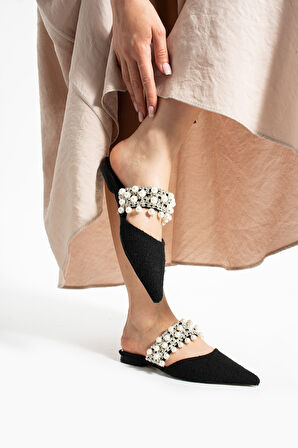 KUNNY Siyah Kilim Inci Detay Kadın Topuklu Terlik