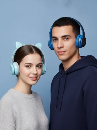 Kedi Kulaklı Açık Mavi ve Mavi Katlanabilir Bluetooth Kulaklık Seti