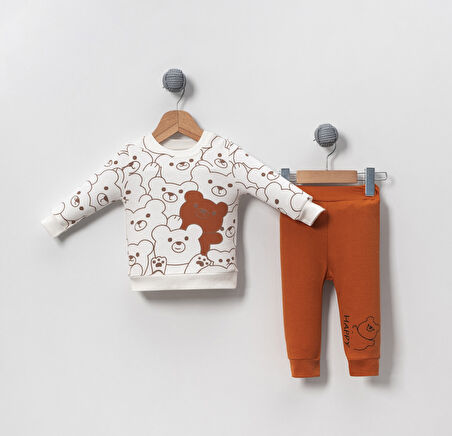 Happy Ayılar Desenli Pamuklu Bebek Çocuk Alt Üst Takım Hardal | 3 Yaş