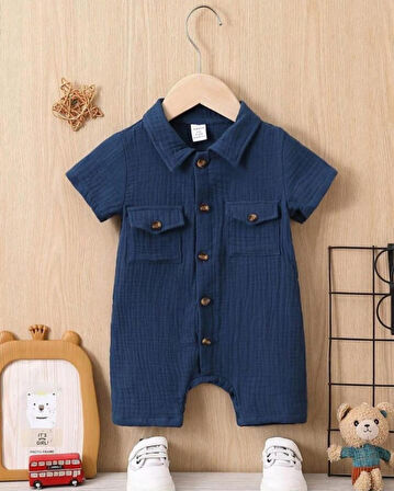 Unisex Bebek&Çocuk %100 Pamuklu Tahta Düğmeli Cepli Müslin Tulum-Mavi | 18-24 ay