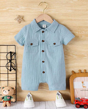 Unisex Bebek&Çocuk %100 Pamuklu Tahta Düğmeli Cepli Müslin Tulum-Turkuaz | 18-24 ay