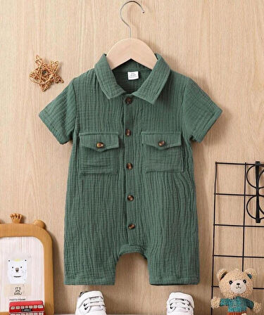 Unisex Bebek&Çocuk %100 Pamuklu Tahta Düğmeli Cepli Müslin Tulum-Yeşil | 6-9 ay