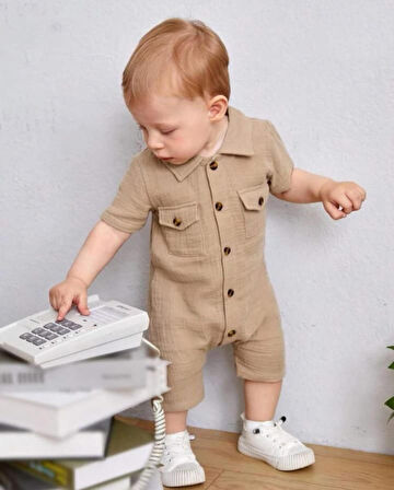 Unisex Bebek&Çocuk %100 Pamuklu Tahta Düğmeli Cepli Müslin Tulum-Bej | 9-12 ay
