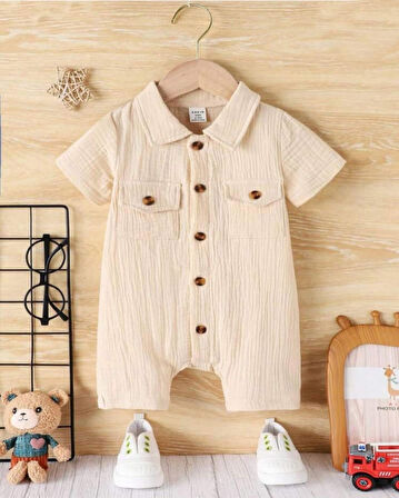 Unisex Bebek&Çocuk %100 Pamuklu Tahta Düğmeli Cepli Müslin Tulum-Ekru | 6-9 ay