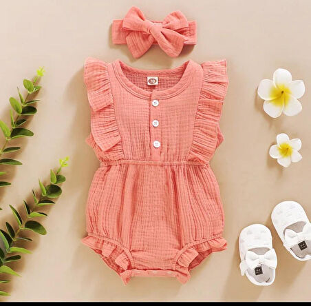 Unisex Kız Bebek&Çocuk %100 Pamuklu Bandanalı Tulum-Pembe | 6-9 ay